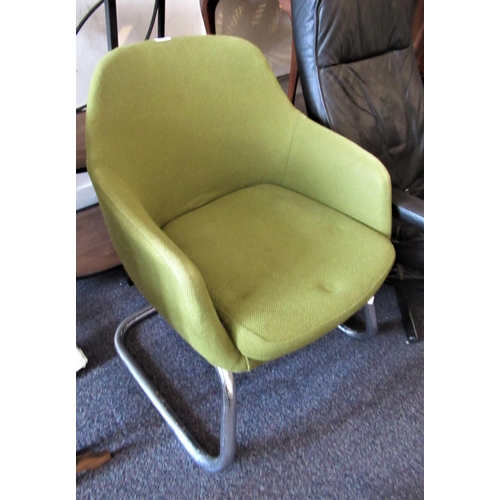 2053 - Mid 20th Century green textile tub shaped chair on shaped chromium supports