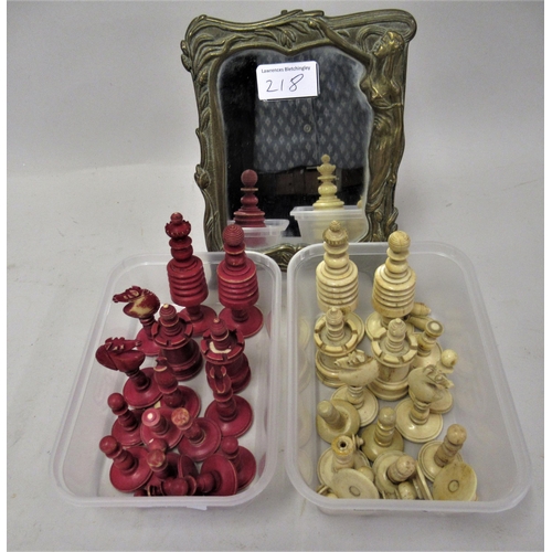 218 - 19th Century turned bone white and red stained chess set, and a modern Art Nouveau style brass photo... 