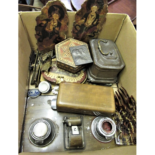 228 - Box containing a quantity of various miscellaneous items, including a desk stand, pair of antique fa... 