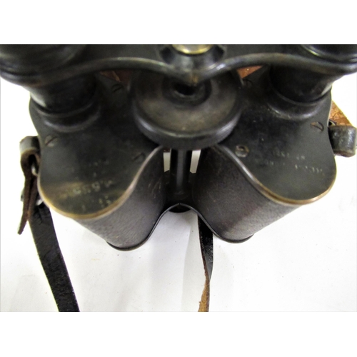 248 - Early 20th Century military marked pair of leather covered black japanned Prism binoculars by Ross o... 