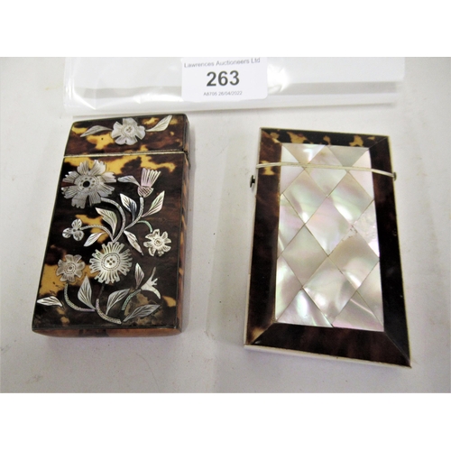 263 - Victorian tortoiseshell and floral mother of pearl inlaid visiting card case, and another tortoisesh... 