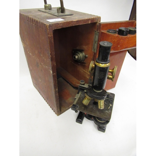 347 - Spencer of Buffalo USA, black japanned and gilt brass monocular microscope, in fitted wooden case