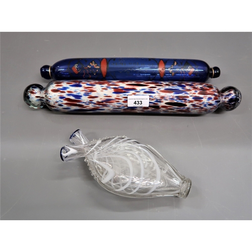 433 - Two 19th Century Nailsea type glass rolling pins, together with a similar double spouted flask