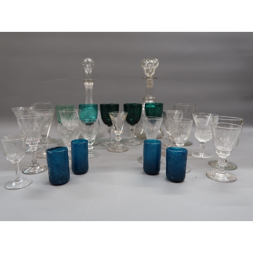 434 - Quantity of 18th and 19th Century pedestal drinking glasses together with two glass decanters