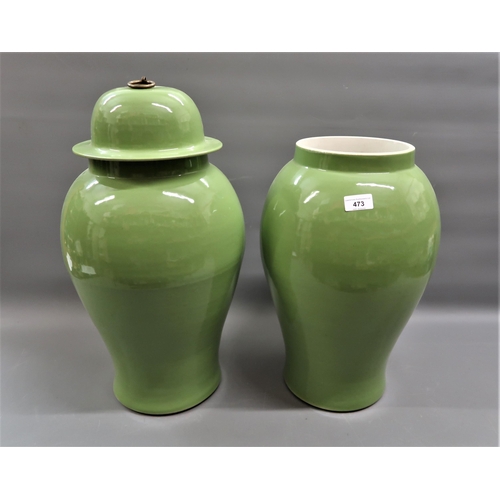 473 - Pair of modern green glazed baluster form vases (one lacking cover)