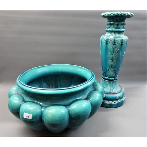 474 - Large Burmantoft turquoise glazed jardiniere and a similar Burmantoft turquoise glazed jardiniere st... 