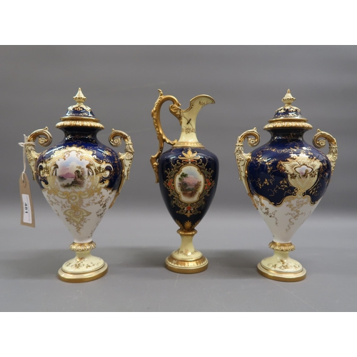 481 - Pair of Coalport two handled baluster form pedestal vases having handpainted and gilt decoration on ... 