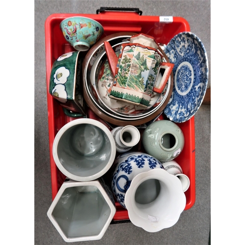 492 - Box containing a quantity of various oriental porcelain including bowls, teapot, vases etc.