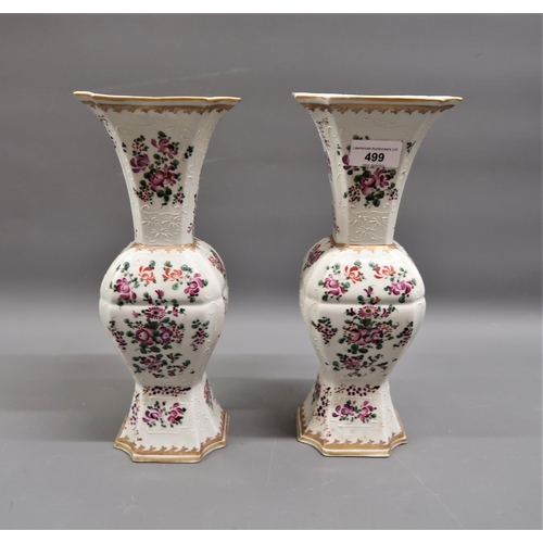 499 - Pair of hard paste porcelain square baluster form armorial vases having enamel and floral decoration... 