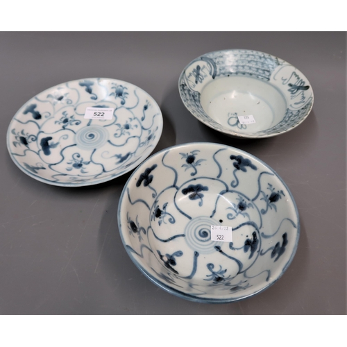 522 - Three items of Tek Sing Cargo blue and white porcelain, the largest 7.25ins diameter