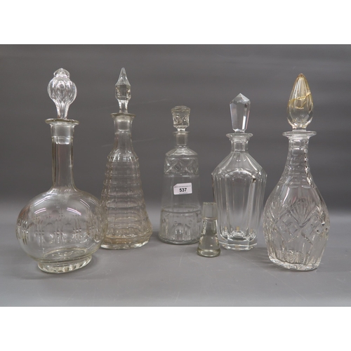 537 - Group of three 19th Century cut glass decanters, and two later moulded glass decanters (at fault)