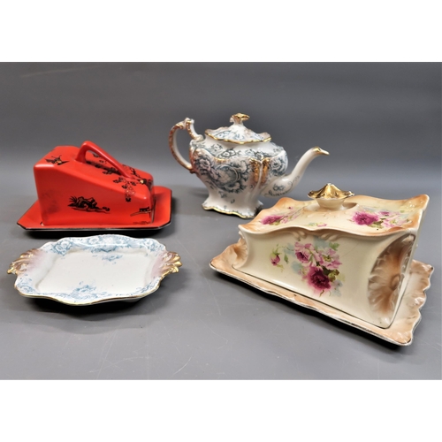 547 - Victorian floral decorated teapot on stand, and two cheese dishes and covers