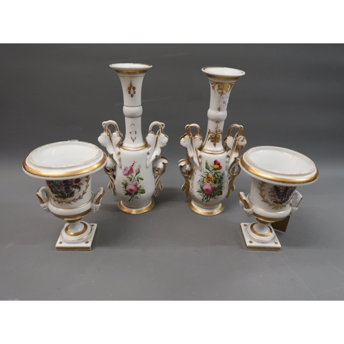 562 - Pair of Paris Porcelain Campana style urns with handpainted floral decoration and partial gilding, 7... 