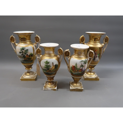 563 - Pair of Paris Porcelain two handled baluster form vases with gilded finish and panels decorated with... 