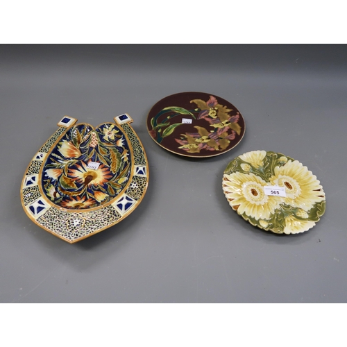 565 - Group of three Zsolnay plates, including a floral decorated horseshoe shaped dish and two floral dec... 