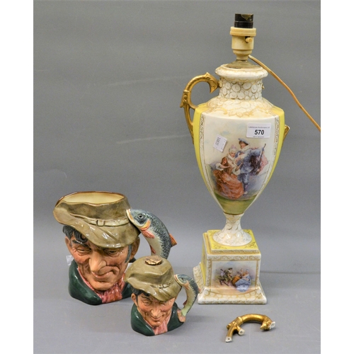 570 - Two Royal Doulton Toby jugs and a Dresden style lamp base (at fault)