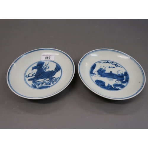 585 - Chinese blue and white dish decorated with two figures in a landscape, four character mark to base, ... 