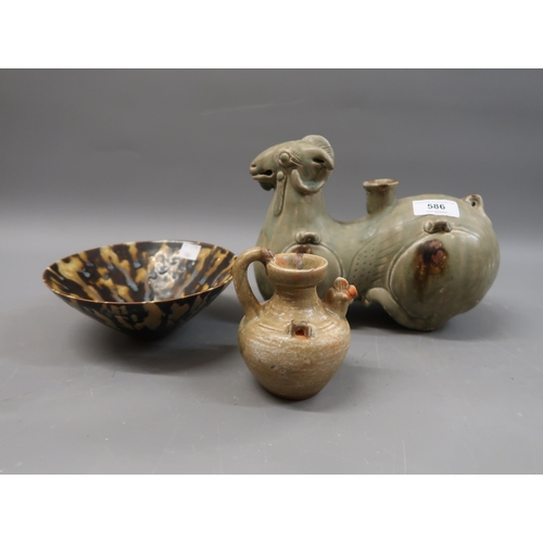 586 - Chinese Celadon animal form vessel, 9ins wide, similar small ewer, 4ins high and a treacle glazed bo... 