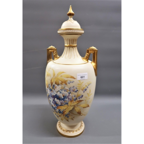 601 - Large 19th Century Royal Worcester blush ivory and gilded vase and cover painted with various flower... 