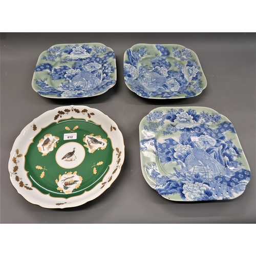 612 - Group of three Japanese plates printed with birds, together with a Chase circular porcelain bowl dec... 