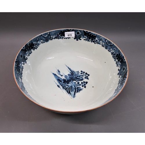 615 - Large 18th Century Chinese blue and white Willow pattern punch bowl (chip to foot rim), 13ins diamet... 