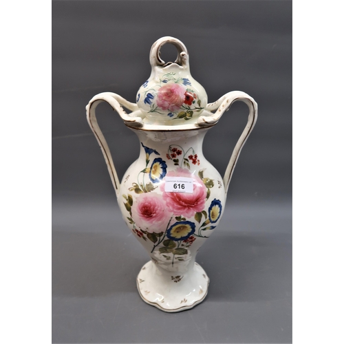 616 - Large 19th Century English two handled baluster form vase and cover handpainted with bouquets of flo... 