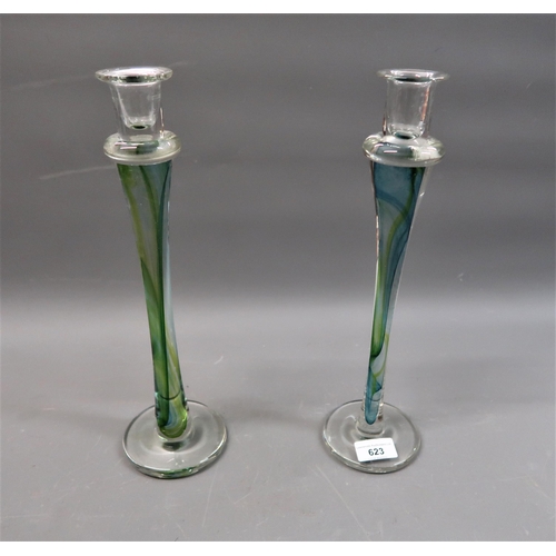 623 - Pair of contemporary Jane Charles blown glass tall candlesticks, 13.5ins high