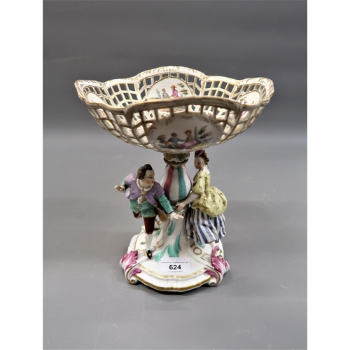 624 - German porcelain figural comport painted with panels of figures (with damages), 9ins high