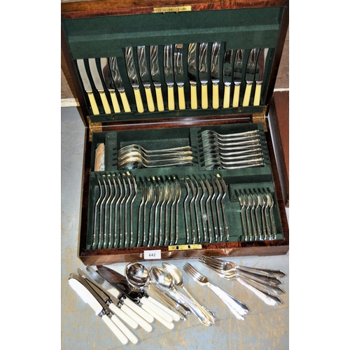 642 - Mahogany cased eight place setting canteen of silver plated cutlery, with some additions and one tea... 