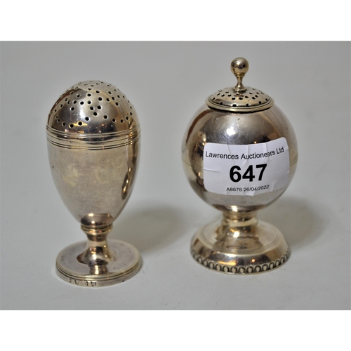 647 - George III silver acorn shaped pedestal pepper together with another similar