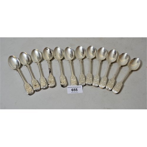 655 - Set of twelve Victorian silver Fiddle pattern teaspoons with engraved floral decoration, 9oz