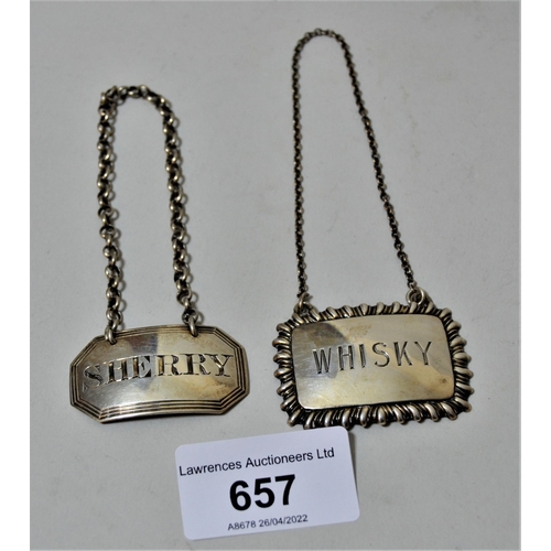 657 - Two Georgian silver decanter labels for ' Whisky ' and ' Sherry '