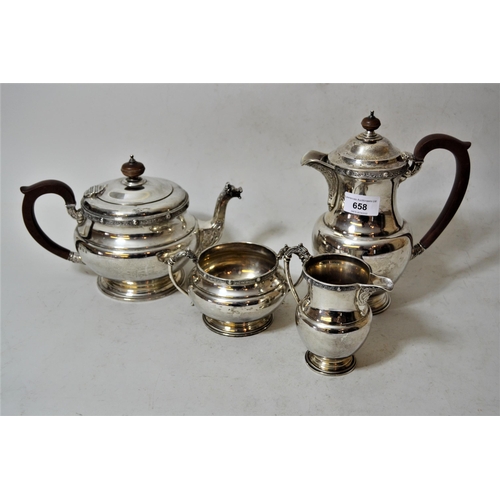 658 - Mid 20th Century Birmingham silver four piece tea service of circular baluster form with bands of Ce... 