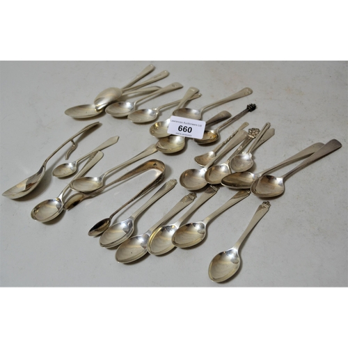 660 - Small quantity of various silver teaspoons, coffee spoons and sugar tongs, 11.5oz