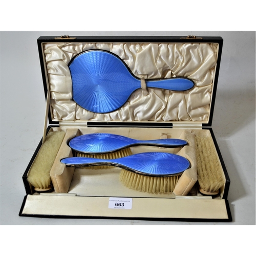 663 - Cased Birmingham silver and blue translucent enamel five piece dressing table set in original fitted... 