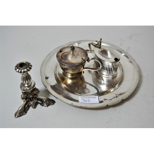 742 - 20th Century silver plated on copper hand hammered stylised lobed dish, marked D.S.C.G., with crown ... 