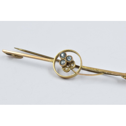 845 - 9ct Gold amethyst set ring together with a 9ct gold blue zircon and seed pearl bar brooch