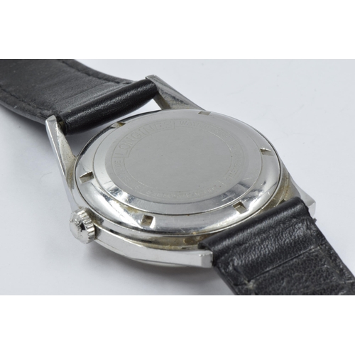 943 - Longines gentleman's circular stainless steel automatic wristwatch, 35mm diameter, on a black leathe... 