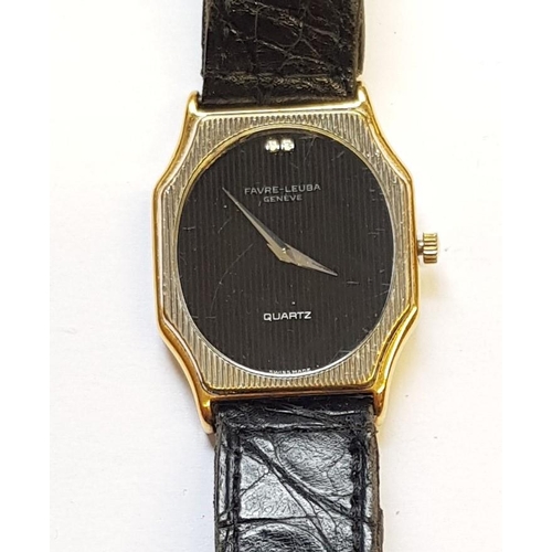 946 - Favre-Leuba ladies gold plated quartz wristwatch on a black leather strap