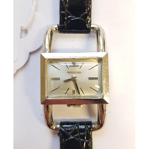 947 - Jaeger Le Coultre, ladies rectangular stainless steel wristwatch, on a black leather strap