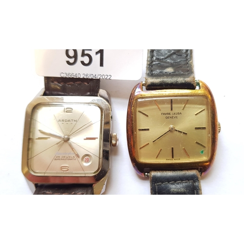 951 - Favre-Leuba, gentleman's rectangular gold plated wristwatch, together with an Ardath square gentlema... 