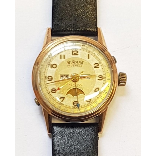 952 - Le Phare 1940's gentleman's circular gold plated wristwatch, the silvered dial with subsidiary day /... 