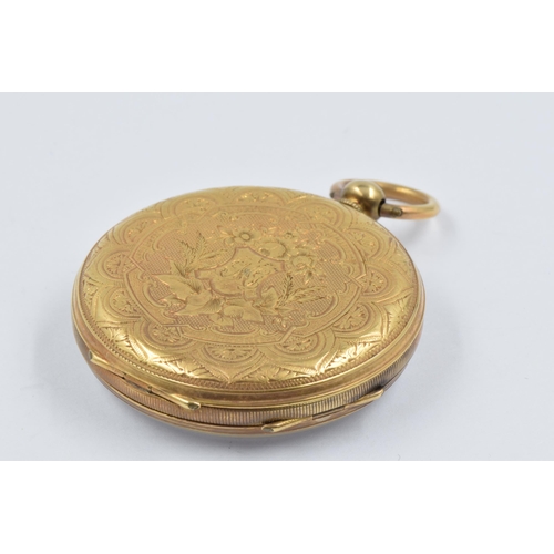 970 - 18ct Yellow gold open faced fob watch, the case with engraved decoration and enamel dial with Roman ... 