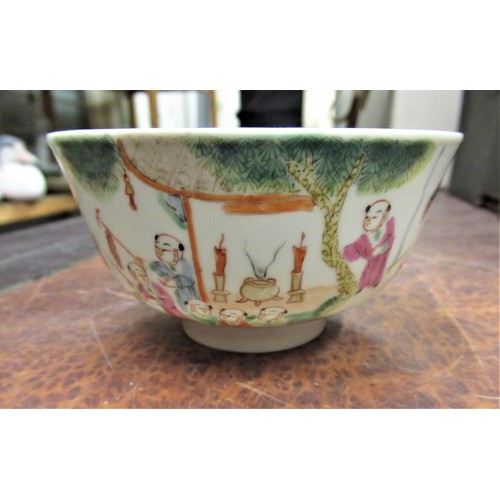 584 - Small Chinese porcelain bowl decorated with figures, red seal mark to base, 4.5ins diameter together... 