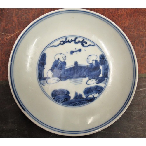 585 - Chinese blue and white dish decorated with two figures in a landscape, four character mark to base, ... 