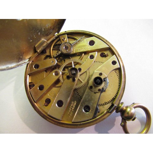 970 - 18ct Yellow gold open faced fob watch, the case with engraved decoration and enamel dial with Roman ... 