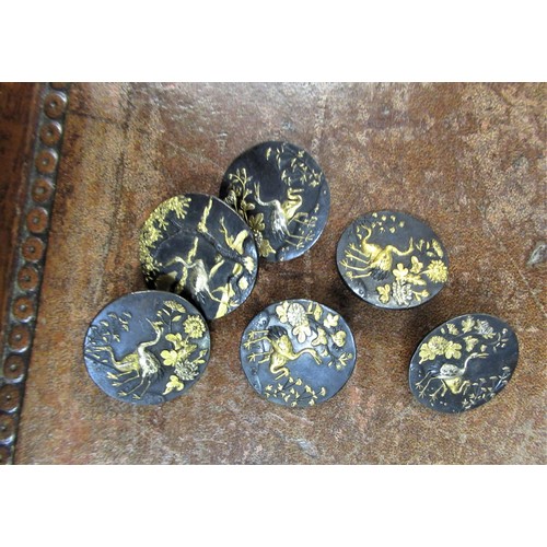 183 - Set of eleven Japanese bronze buttons, each decorated in silver and gilt with various scenes, birds ... 