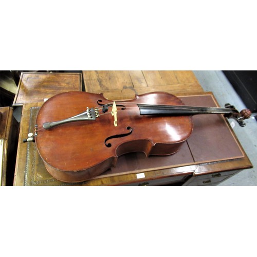 192 - Late 19th / early 20th Century cello with 29.5in two section back, with bow, in a soft case