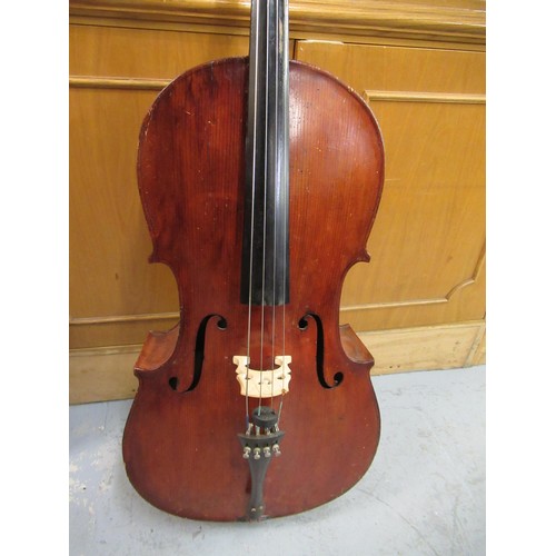 192 - Late 19th / early 20th Century cello with 29.5in two section back, with bow, in a soft case