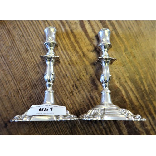 651 - Pair of miniature late Victorian silver taper sticks with knopped stems and square shaped bases, Lon... 